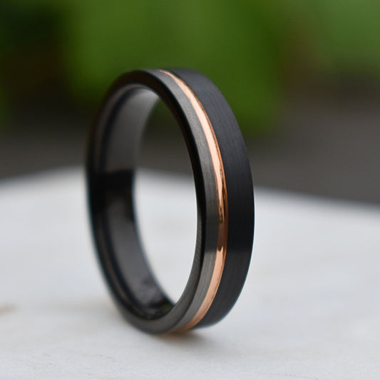 Tungsten 6mm Ring Black and Silver Brushed with Rose Gold Accent - Tungsten Titans