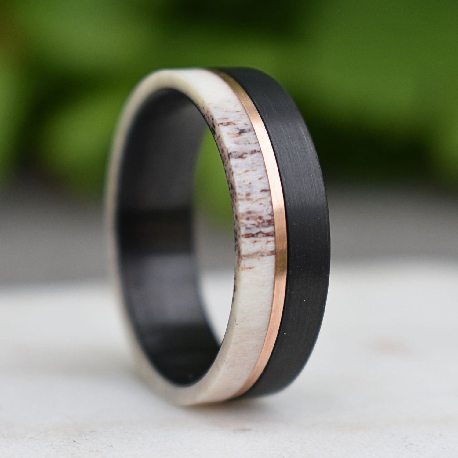 Deer Antler and Brushed Black 8mm Tungsten Ring with Rose Gold Center - Tungsten Titans