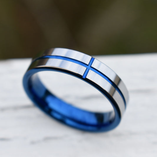 Tungsten 6mm Silver Ring with a Blue Cross and Comfort fit band - Tungsten Titans