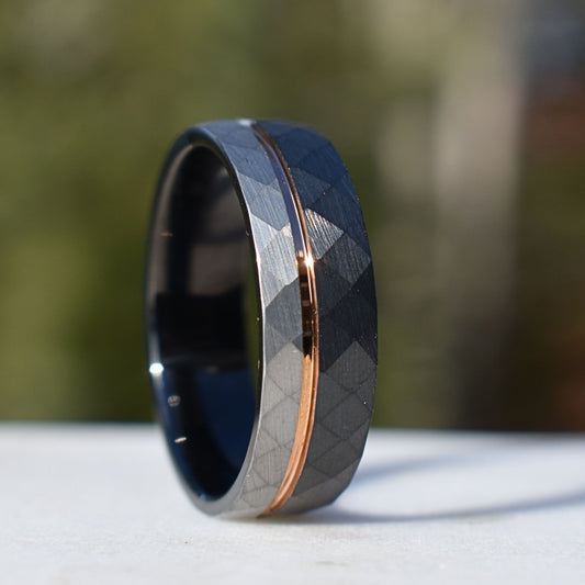 Hammered 8mm Tungsten Ring Black and Silver Brushed with Rose Gold Accent - Tungsten Titans