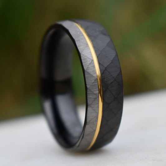 Hammered 8mm Tungsten Ring Black and Silver Brushed with Gold Accent - Tungsten Titans