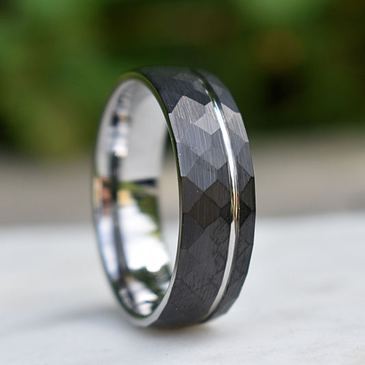 Hammered 8mm Black Tungsten Ring with Silver Accent - Tungsten Titans
