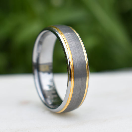 Tungsten 7mm Ring Brushed Silver with Yellow Gold Beveled Edges - Tungsten Titans