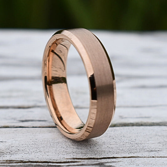 Tungsten Ring 6mm Brushed Rose Gold with Beveled Edge - Tungsten Titans