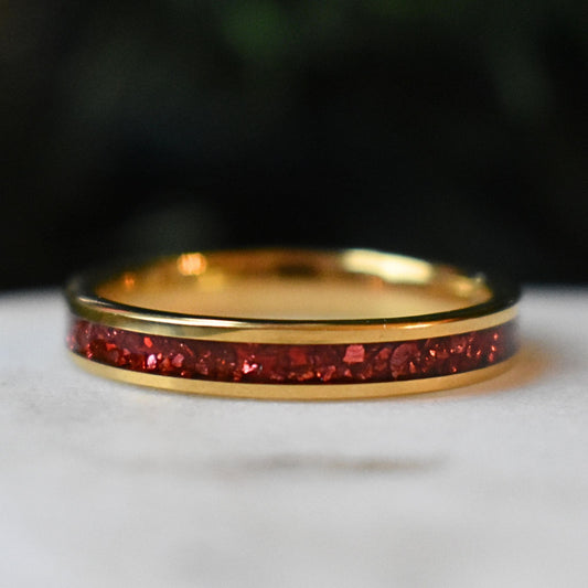 Tungsten 4mm Yellow Gold Ring German Ruby Red Glass Wedding Band - Tungsten Titans