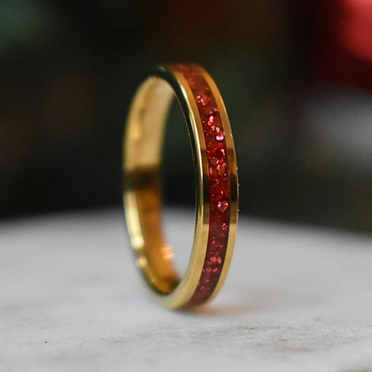 Tungsten 4mm Yellow Gold Ring German Ruby Red Glass Wedding Band - Tungsten Titans