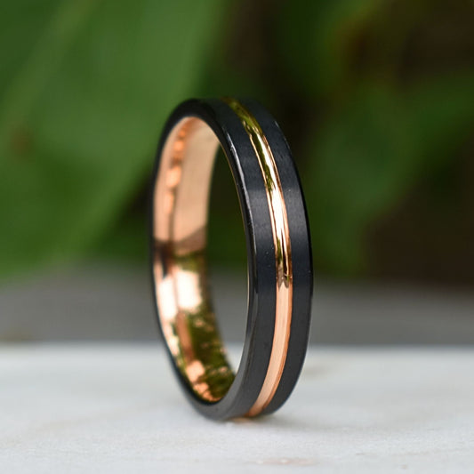 Black Tungsten 5mm Ring with Rose Gold Center - Tungsten Titans