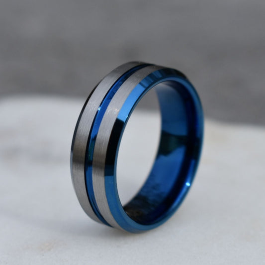 Tungsten 8mm Ring Blue with Silver Accent Stripes - Tungsten Titans