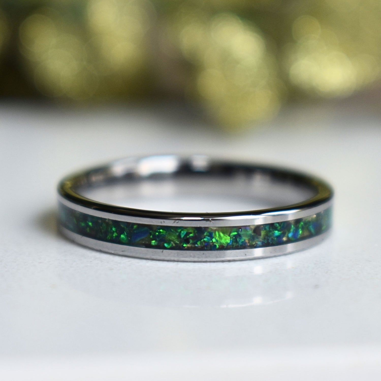 Tungsten 4mm Ring Crushed Green and Blue Opal Wedding Band