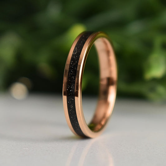 Tungsten Rose Gold Ring Black Druzy Quartz Wedding Band - Tungsten Titans