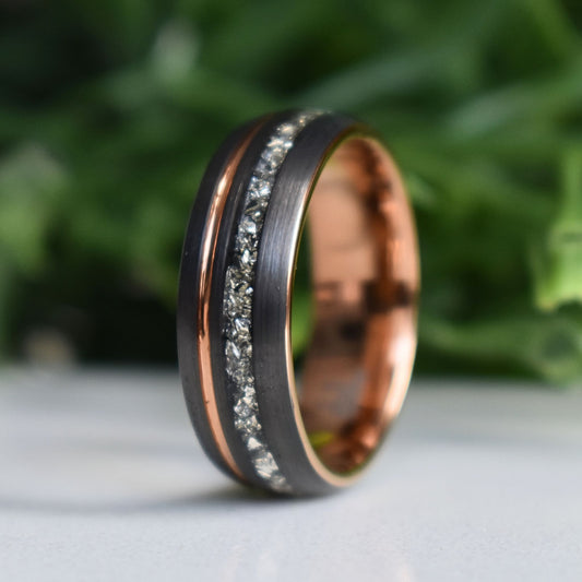 Tungsten 8mm Ring Grey with Rose Gold Accent and German Glass - Tungsten Titans