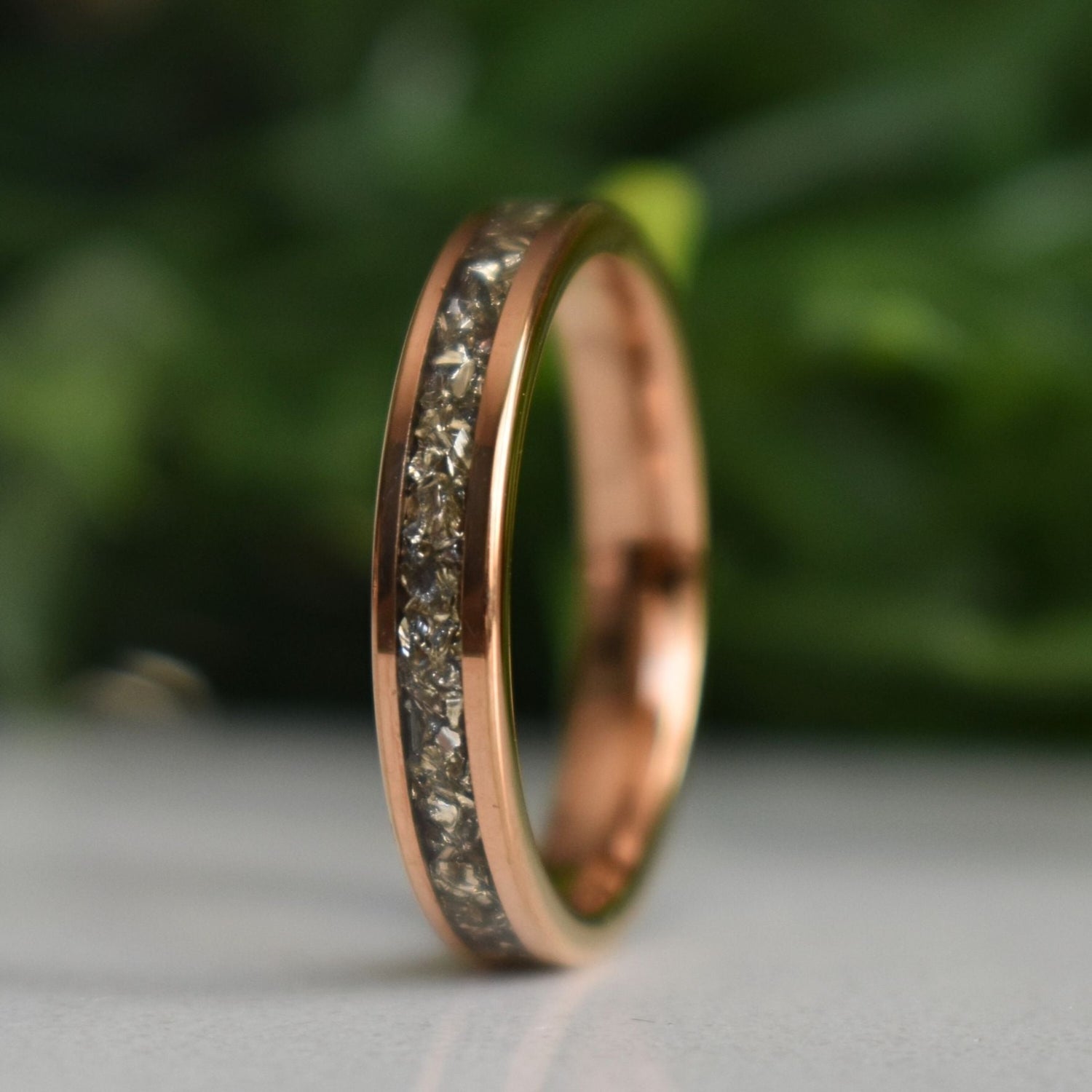 Tungsten Rose Gold Ring German Silver Glass Wedding Band