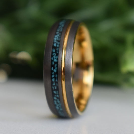 Tungsten 8mm Ring Grey with Gold Accent and Crushed Turquoise - Tungsten Titans