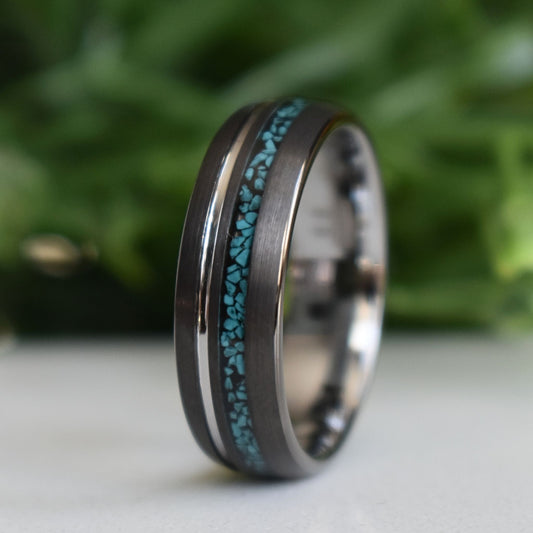 Tungsten 8mm Ring Grey with Silver Accent and Crushed Turquoise - Tungsten Titans