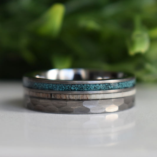 Tungsten 8mm Hammered Ring with Antler and Crushed Turquoise - Tungsten Titans