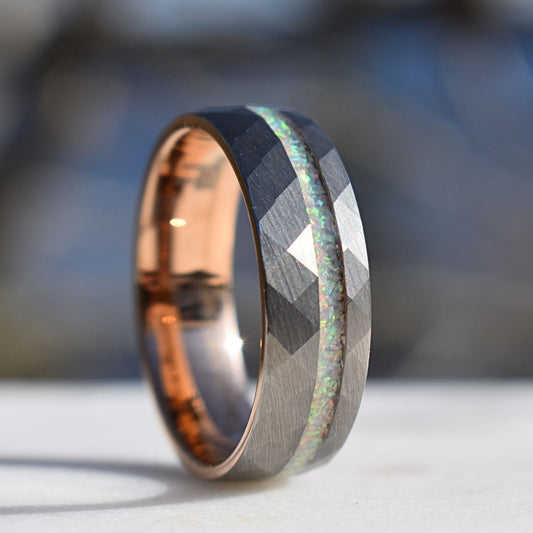 Tungsten 8mm Hammered Ring with Crushed Opal and Rose Gold Inner Band - Tungsten Titans