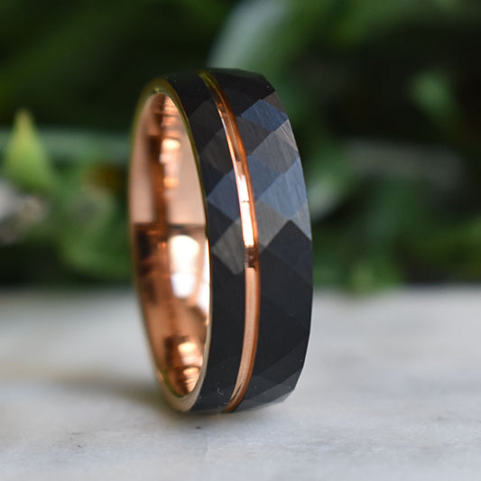 Hammered 8mm Black Tungsten Ring with Rose Gold Accent - Tungsten Titans