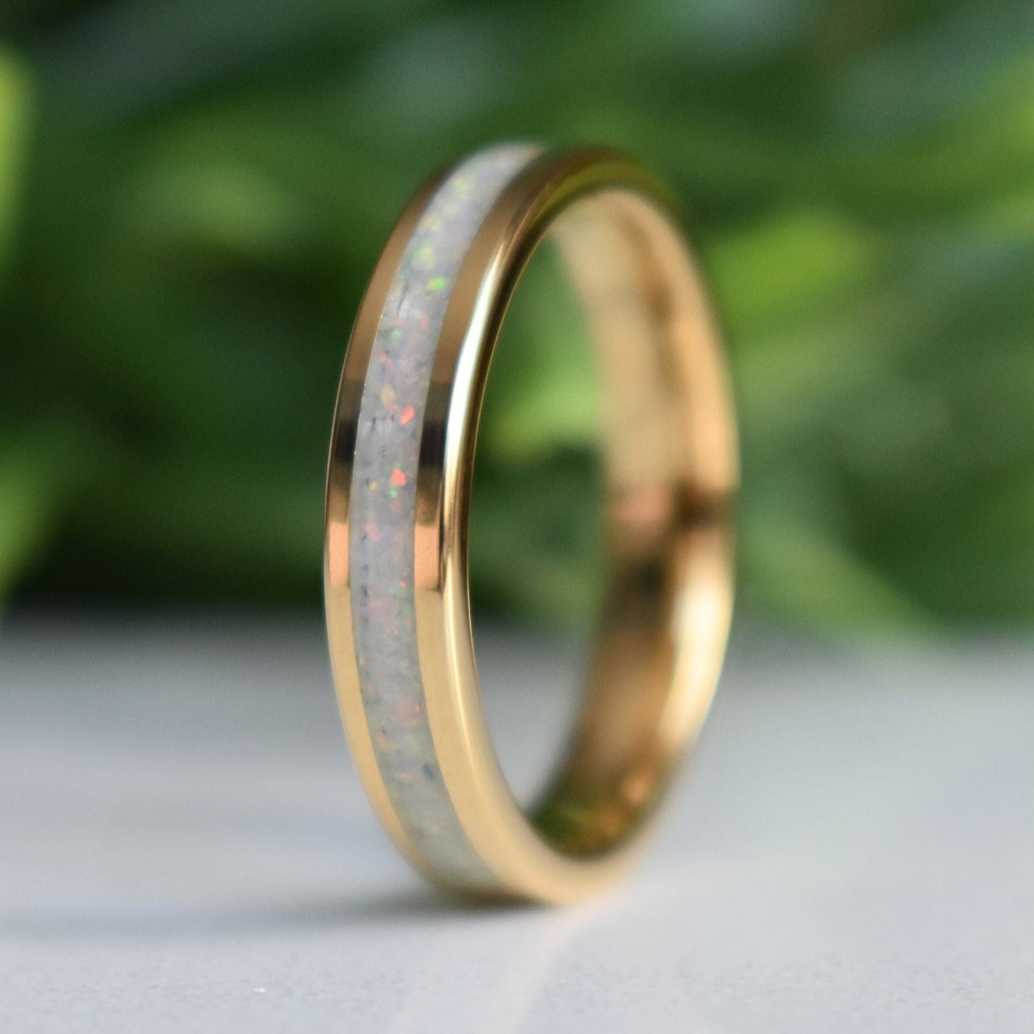 Tungsten 4mm Gold Ring Crushed White Opal Wedding Band – Tungsten