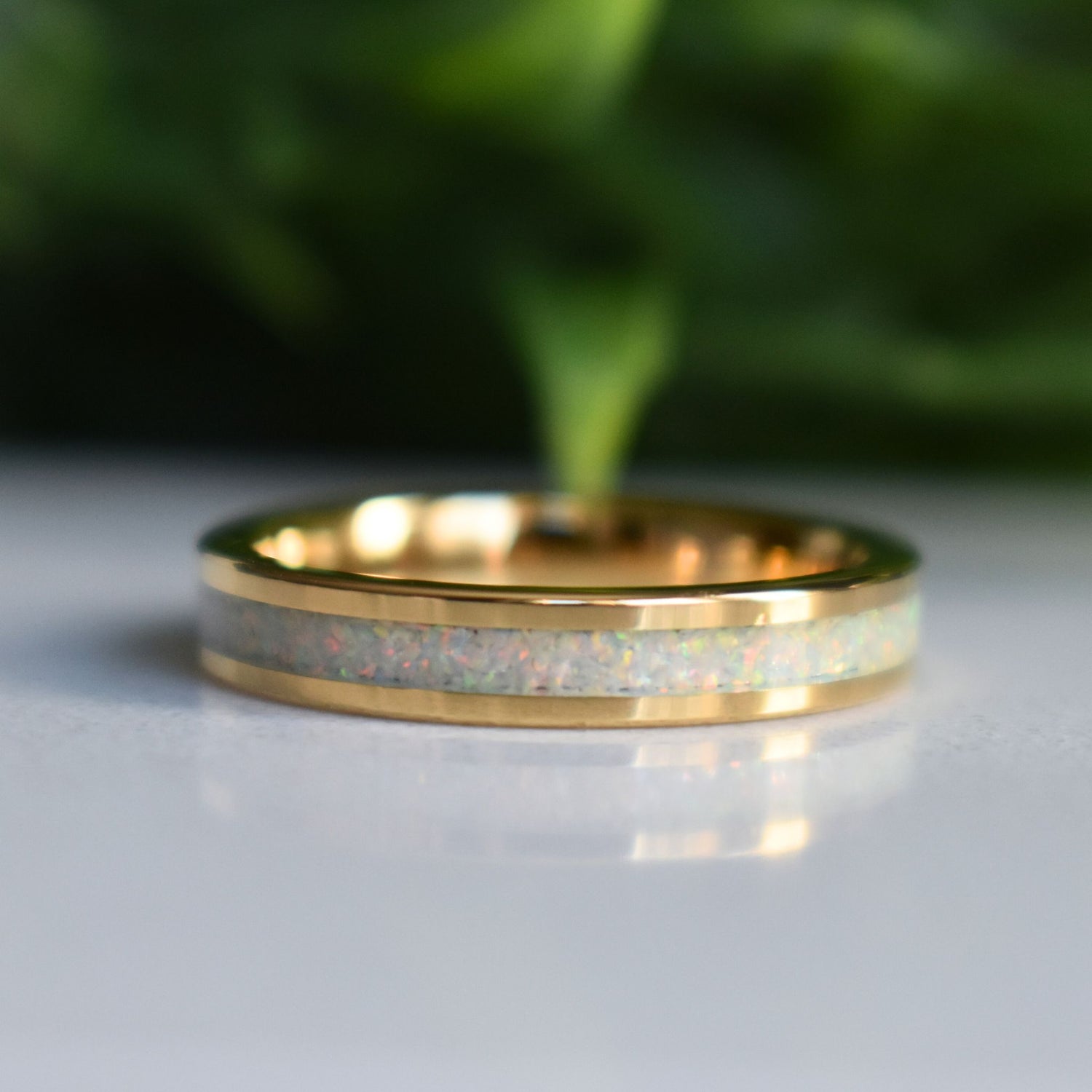 Tungsten 4mm Gold Ring Crushed White Opal Wedding Band – Tungsten