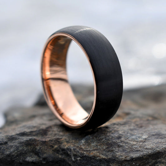 Black Brushed 8mm Tungsten Ring with Rose Gold Band - Tungsten Titans