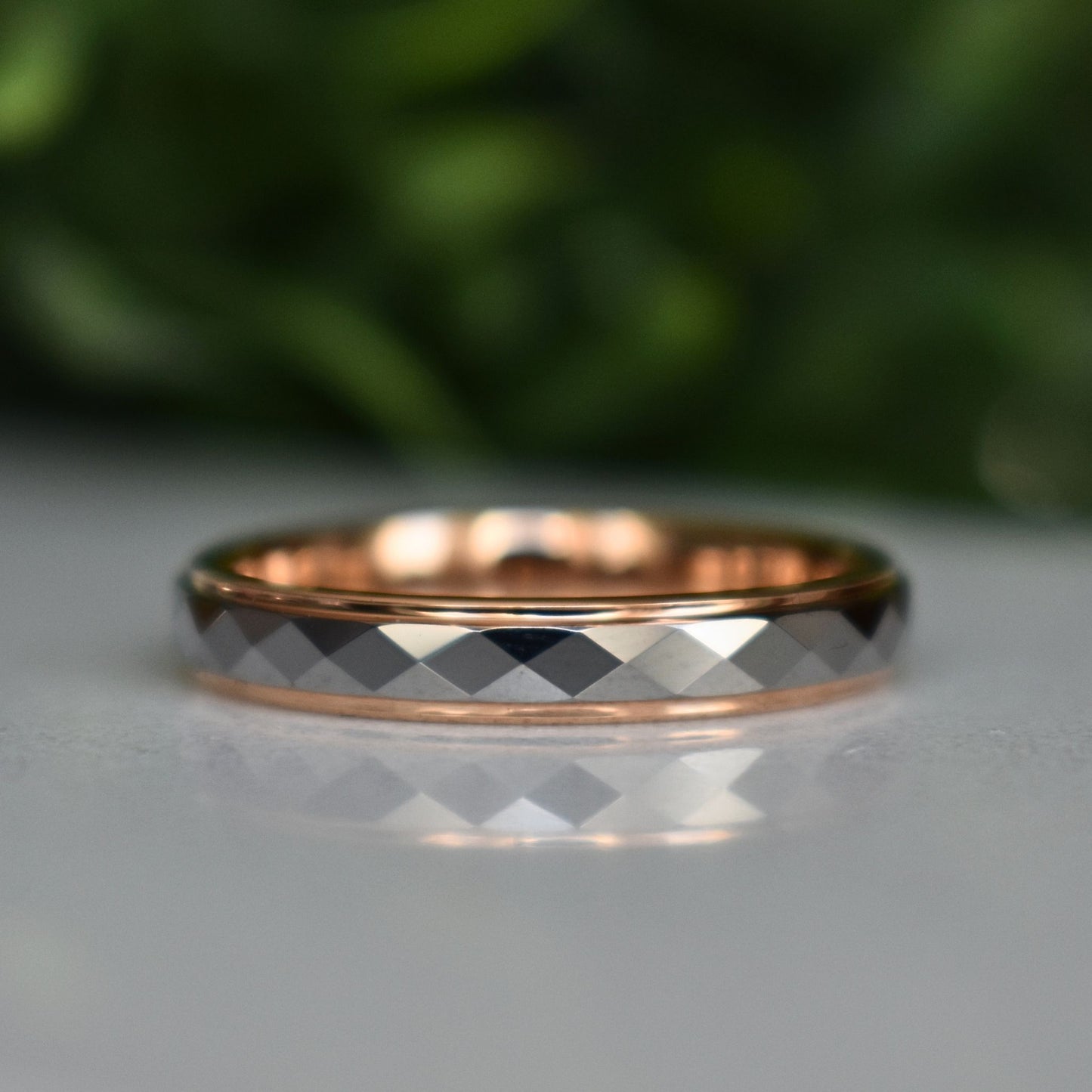 Tungsten 4mm Diamond Facet Silver Ring with Rose Gold Edges - Tungsten Titans