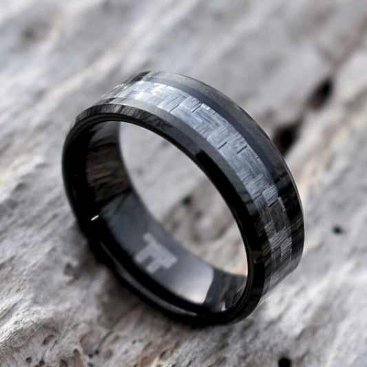 Black 8mm Tungsten Ring with Grey Carbon Centre - Tungsten Titans