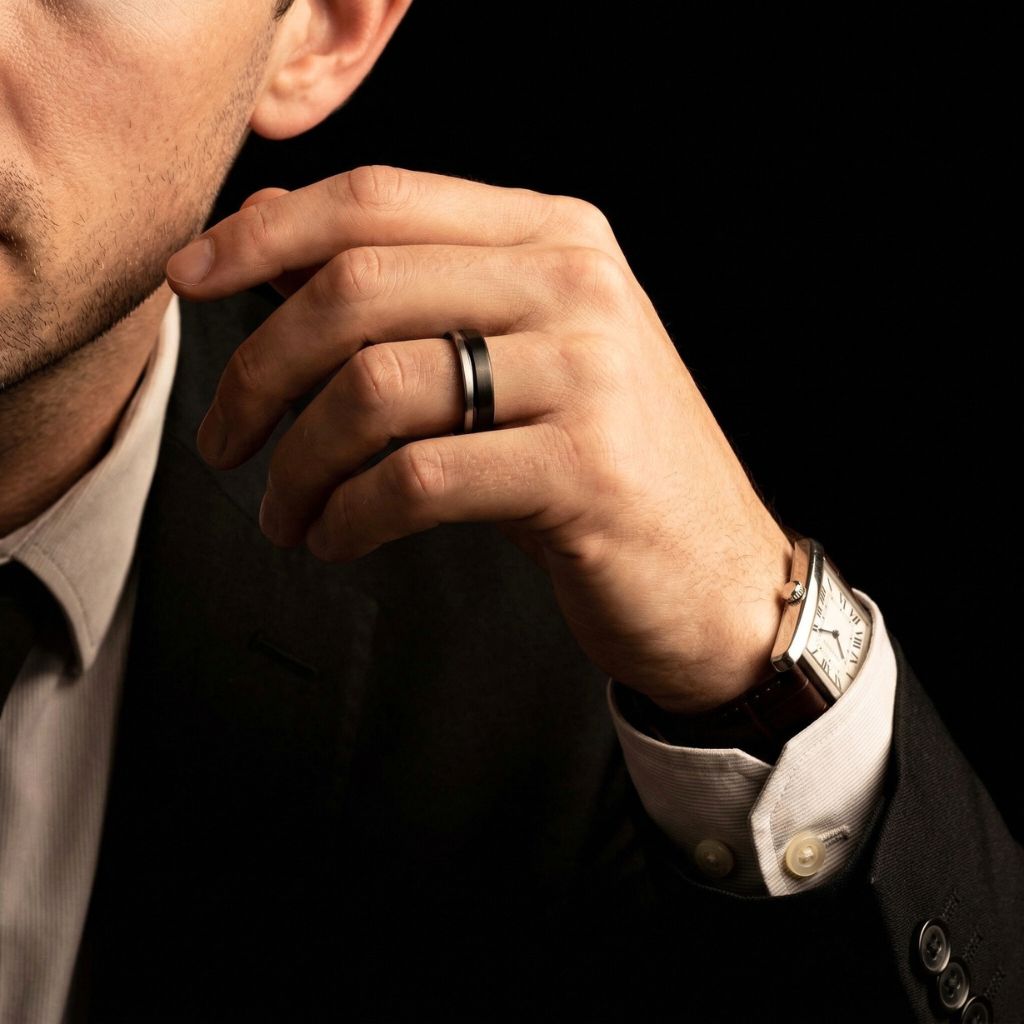 Tungsten Ring 6mm Black and Silver Brushed with Polished Black Accent - Tungsten Titans