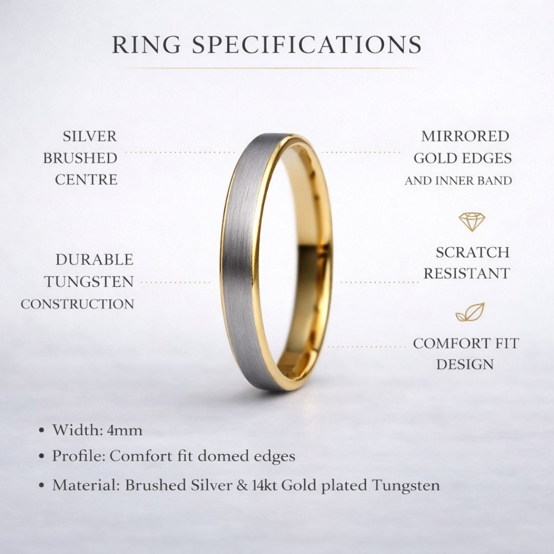 Tungsten Ring 4mm Brushed Silver with Yellow Gold Comfort fit band - Tungsten Titans