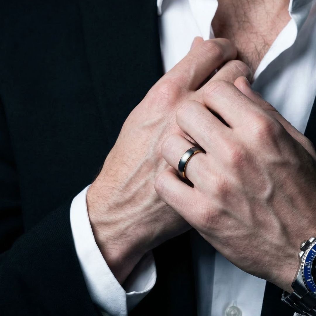 Tungsten Ring 4mm Brushed Silver with Yellow Gold Comfort fit band - Tungsten Titans