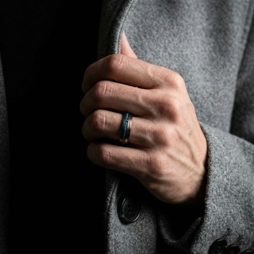 Tungsten 6mm Ring Grey with Rose Gold Accent and Crushed Turquoise - Tungsten Titans