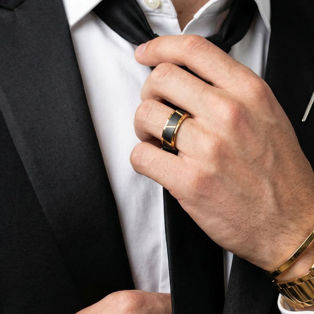 Tungsten 8mm Ring Gold With Raised Black Center Design - Tungsten Titans