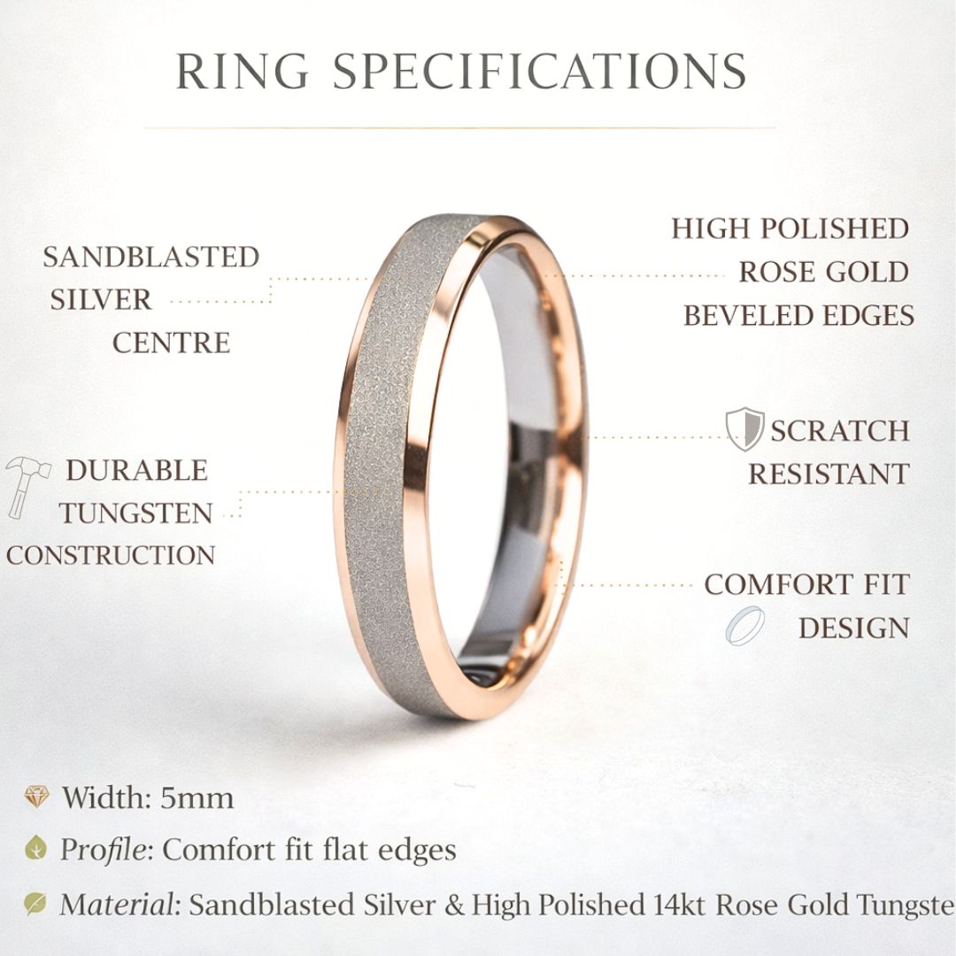 Tungsten 5mm Ring Sandblasted Silver with High Polished Rose Gold Edges - Tungsten Titans