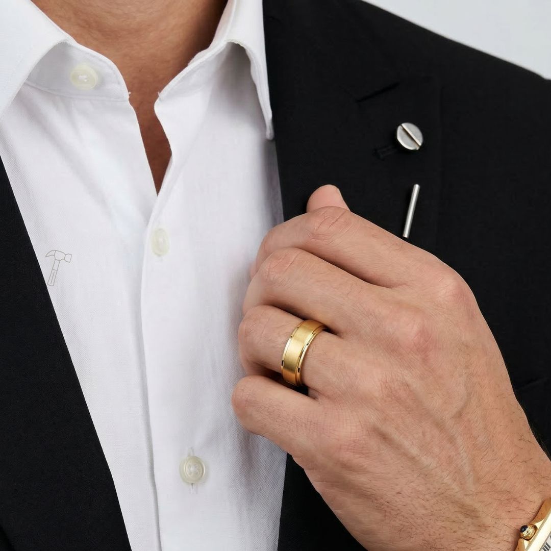 Tungsten 6mm Ring Gold Brushed Centre with a Deep Stepped Edge - Tungsten Titans