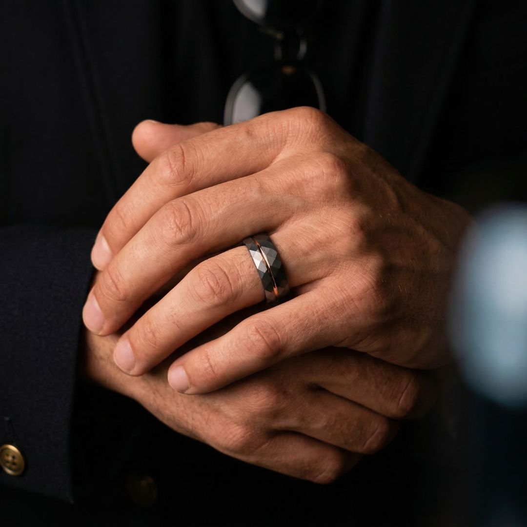 Hammered 8mm Tungsten Ring Black and Silver Brushed with Rose Gold Accent - Tungsten Titans