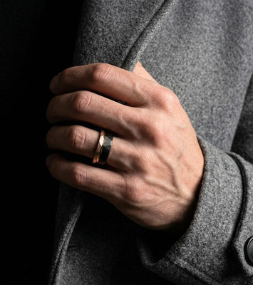 Hammered Tungsten Ring 8mm Black and Rose Gold Brushed with Polished Rose Gold Accent - Tungsten Titans