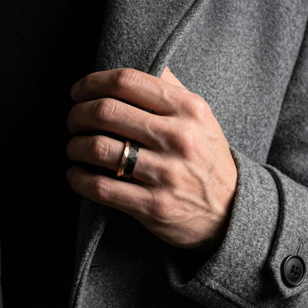 Hammered Tungsten Ring 8mm Black and Rose Gold Brushed with Polished Rose Gold Accent - Tungsten Titans