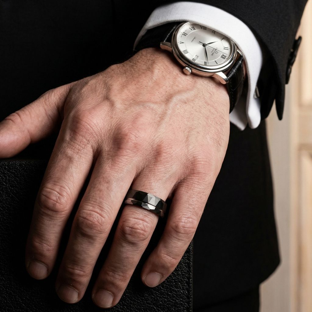 Hammered Tungsten Ring 8mm Black and Silver Brushed with Polished Silver Accent - Tungsten Titans