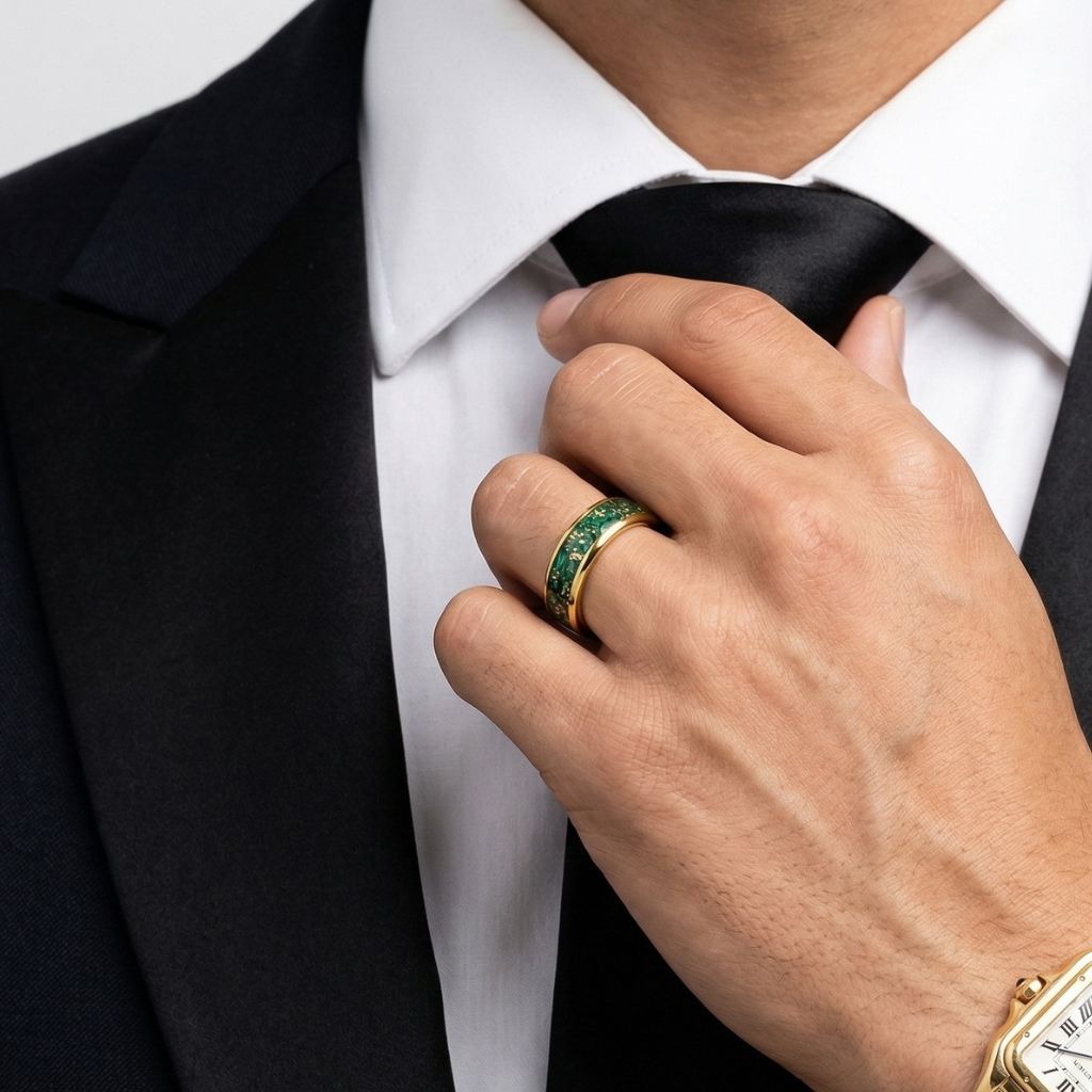 Tungsten 6mm Gold Ring with Malachite & Gold Leaf Inlay - Tungsten Titans