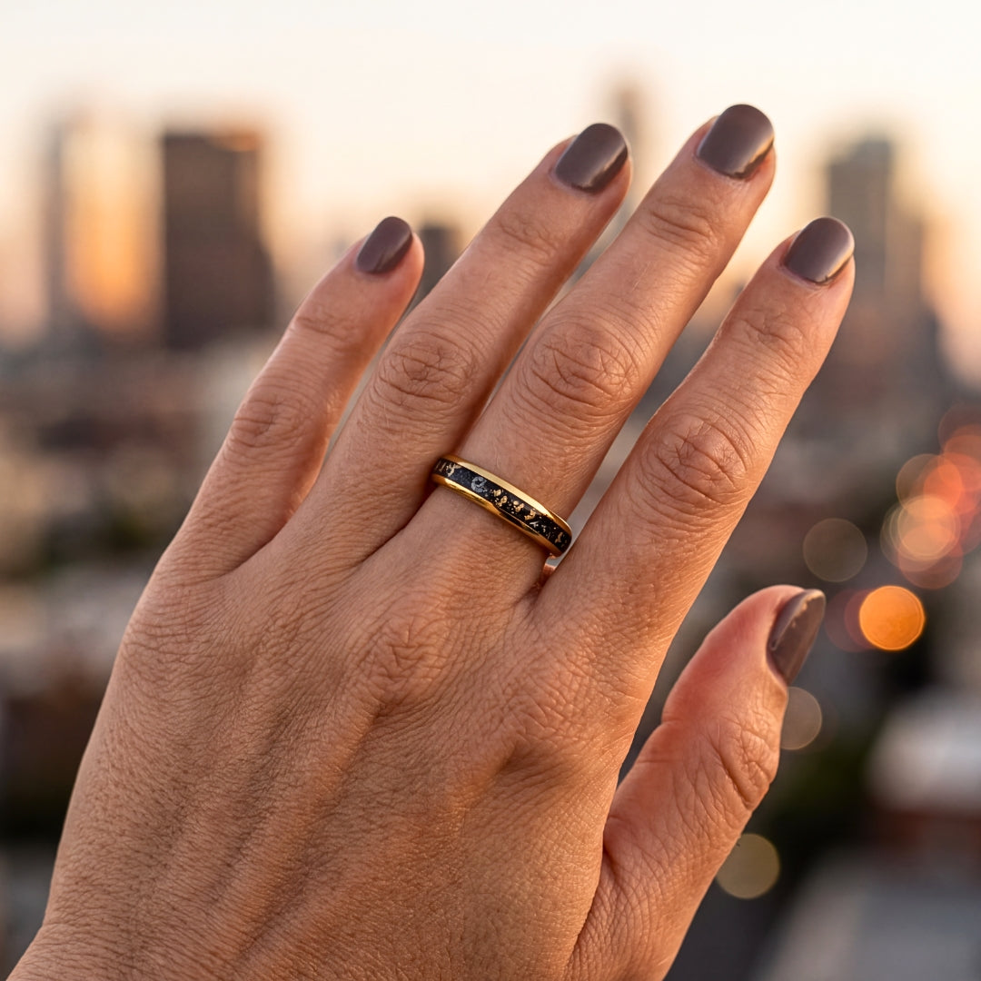 Tungsten 4mm Gold Ring with Meteorite & Gold Leaf Inlay