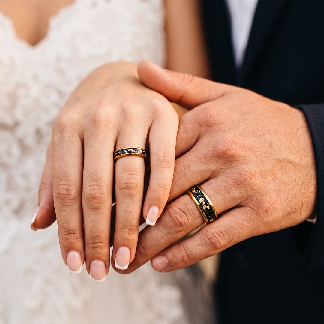 Tungsten 4mm Gold Ring with Meteorite & Gold Leaf Inlay