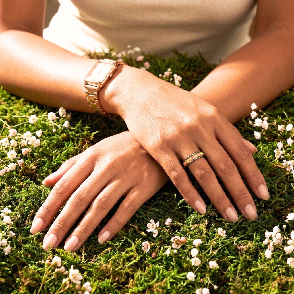 Tungsten 4mm Ring Crushed White Opal Wedding Band - Tungsten Titans