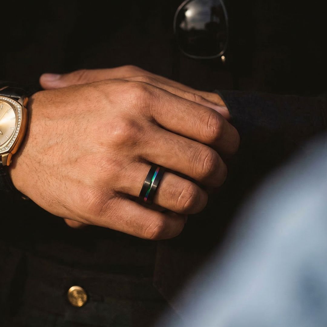 Tungsten 8mm Ring Black with Rainbow Center - Tungsten Titans
