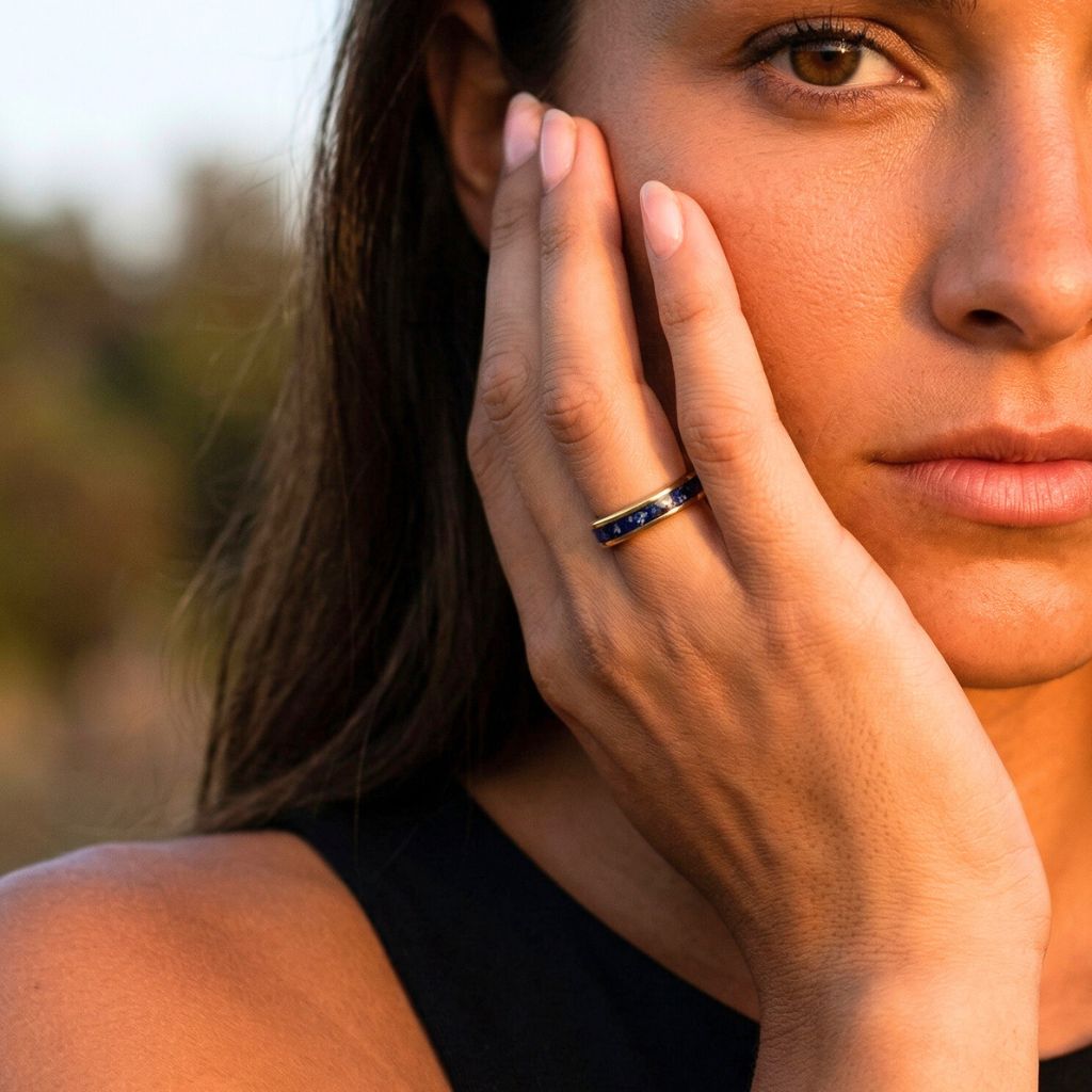 Tungsten 4mm Yellow Gold Ring Blue Sapphire German Glass Wedding Band - Tungsten Titans