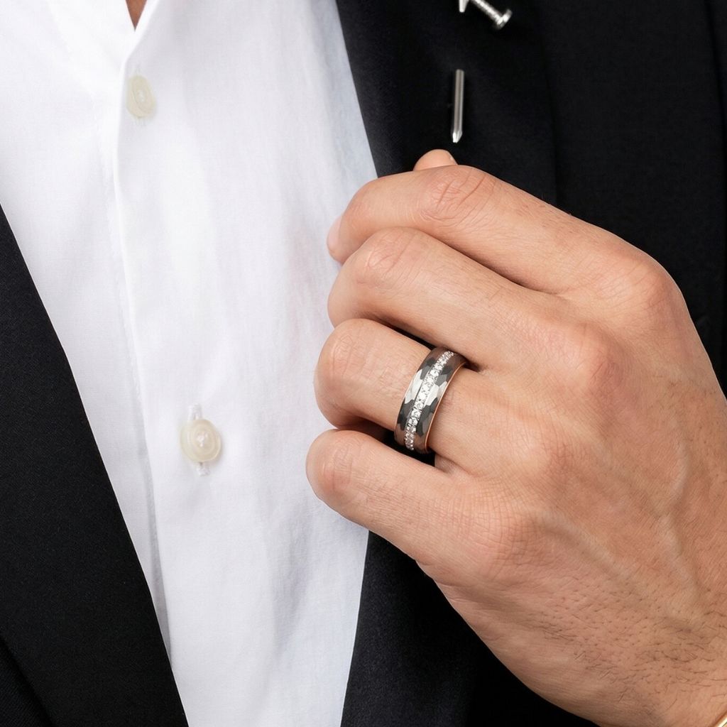 Hammered Tungsten Ring with Brilliant Simulated Diamond Inlay - Tungsten Titans