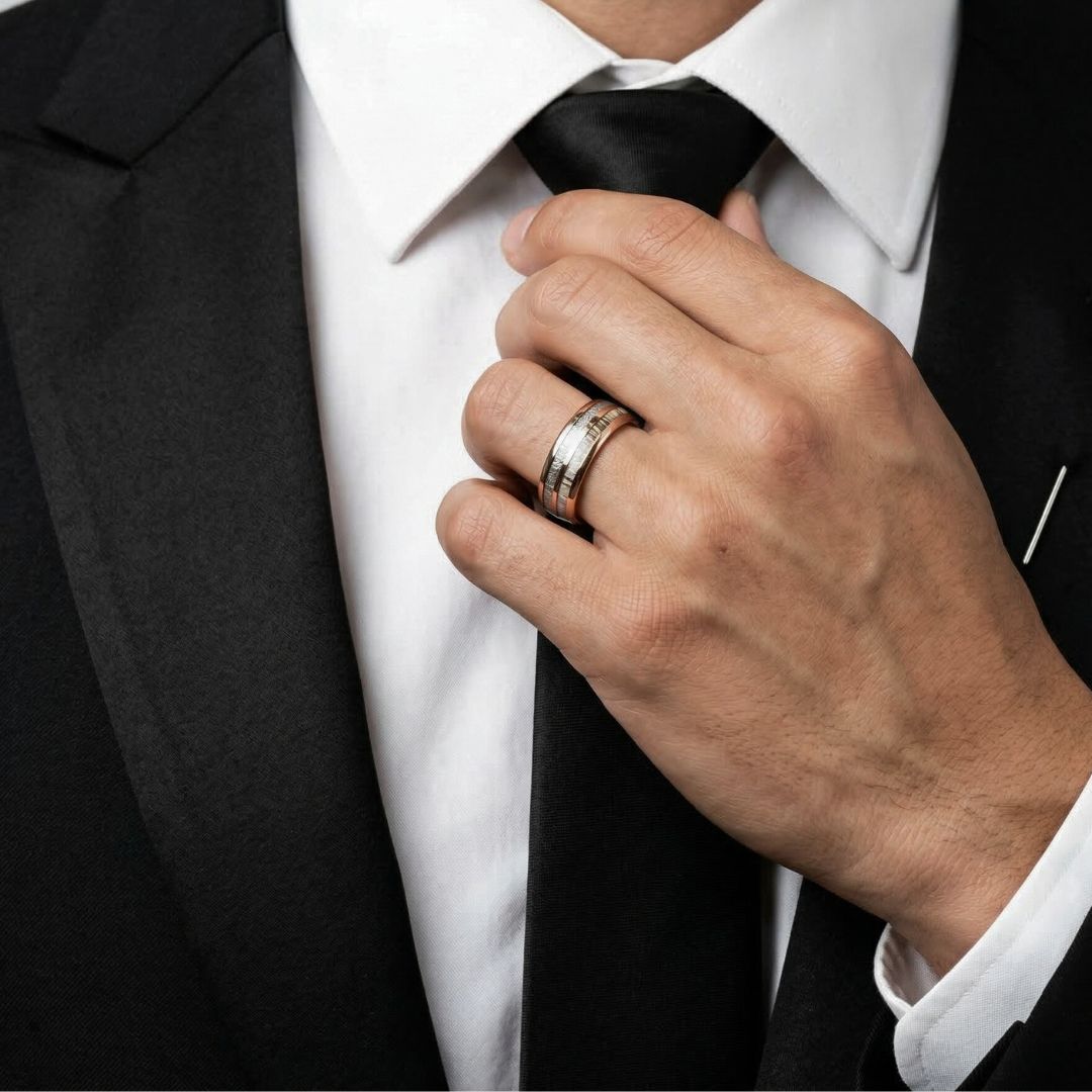 Rose Gold Tungsten 8mm Ring with Deer Antler and Meteorite - Tungsten Titans