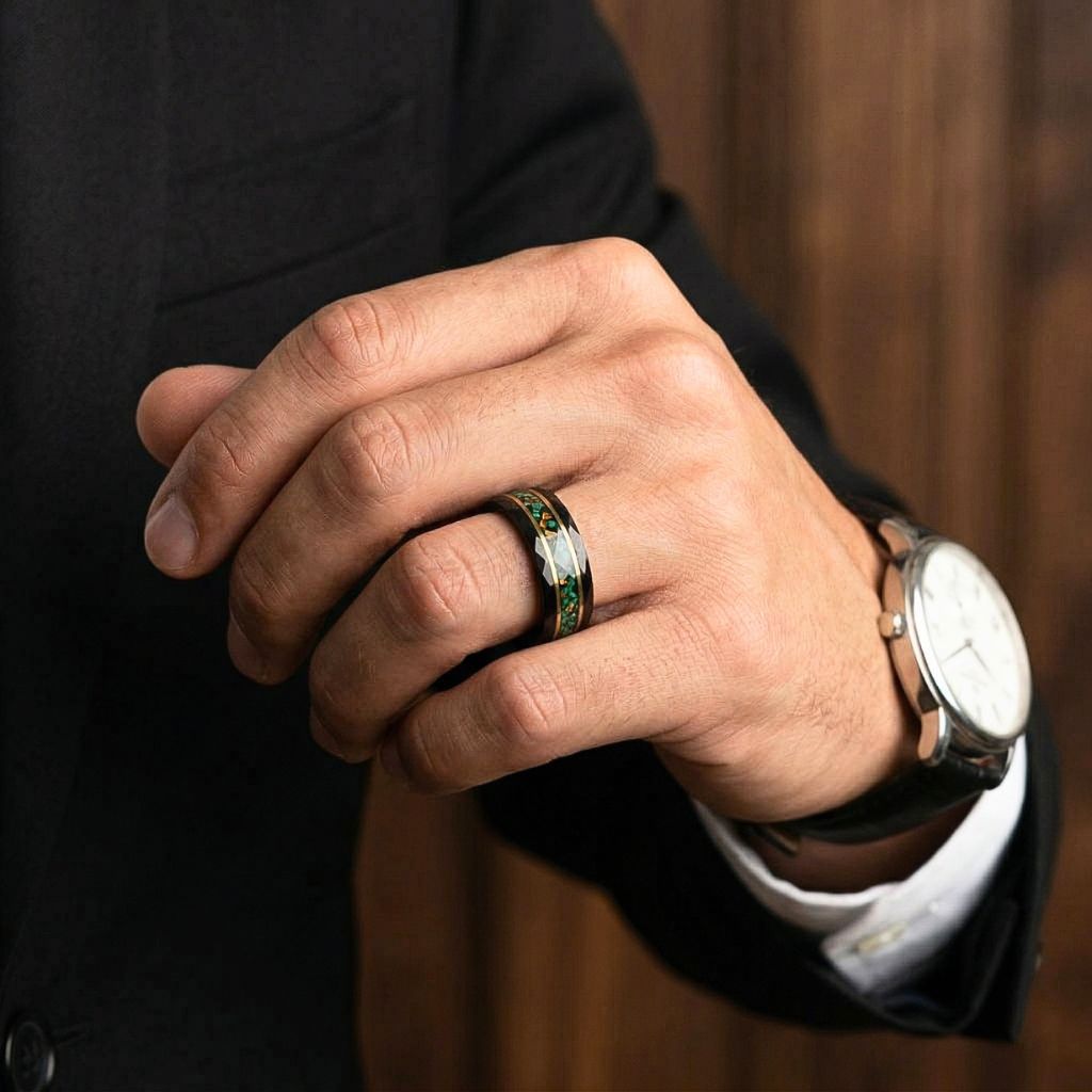 Malachite & Tiger’s Eye Inlay Hammered Black Tungsten Ring - Tungsten Titans