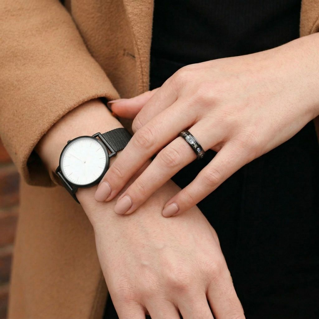 Hammered 4mm Black Tungsten Ring with White Gold Leaf and Meteorite Inlay - Tungsten Titans