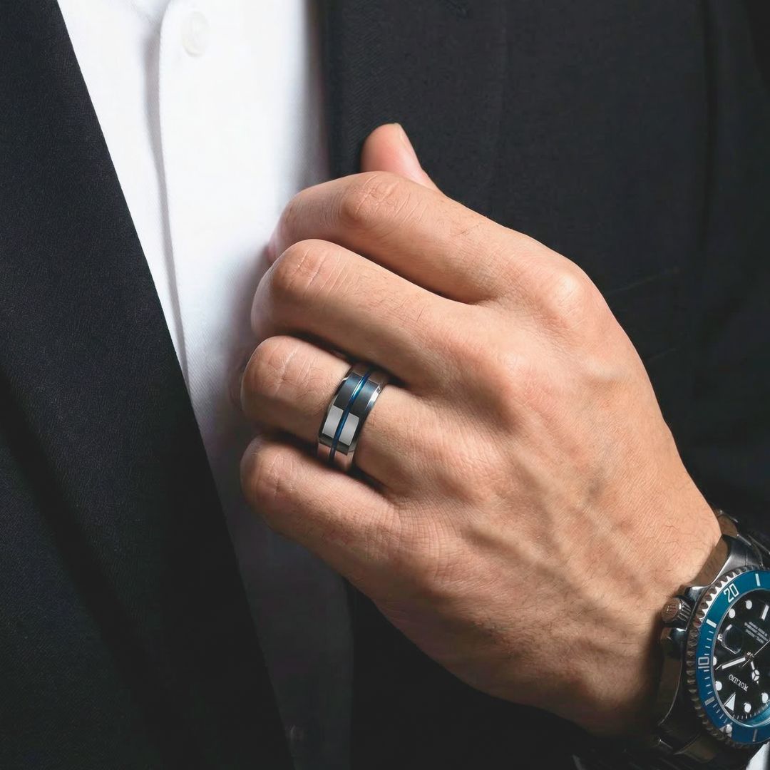 Tungsten 8mm Silver Ring with a Blue Center Strip - Tungsten Titans