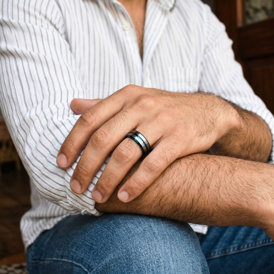 Tungsten 8mm Ring Blue with Silver Accent Stripes - Tungsten Titans