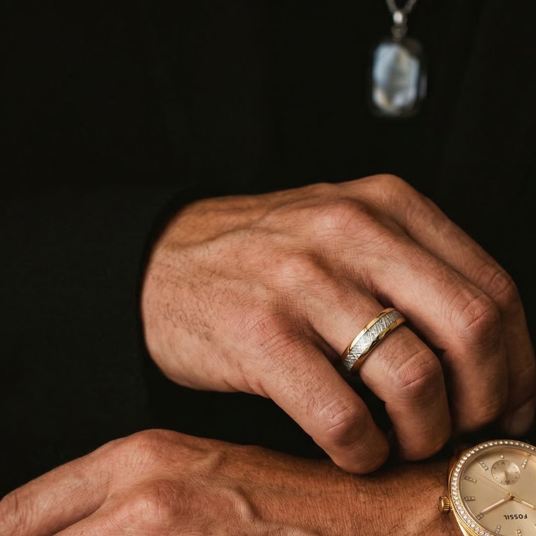 Tungsten 6mm Ring Gold with Meteorite - Tungsten Titans